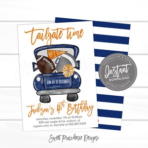 May include: Invitation card with a blue truck illustration, football, and pom-poms. Text reads "Tailgate Time" and "Jackson's 4th Birthday." Includes event details and a "Personalize & Print" seal.