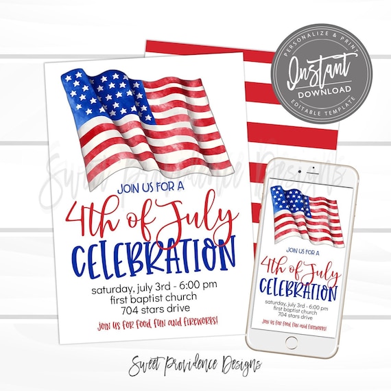 4th of July Invitations, Fourth of July Patriotic Flag Birthday Editable Flyer, ANY event BBQ Invite, Block party, Printable Instant Access Il_570xn
