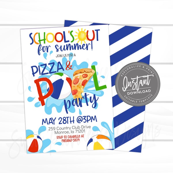 Pizza and Pool Party Invitation, Kid Printable Class Invite, School's out for Summer, End of School Class Party, EDITABLE TEMPLATE Edit NOW