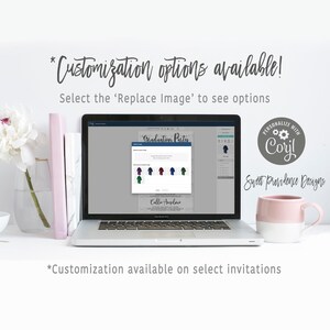 May include: A laptop screen displaying a graduation party invitation template with customization options. The template features a green, red, and blue color scheme and the text "Graduation Party" and "Callie Anselmo". The screen also shows a button labeled "Replace Image".