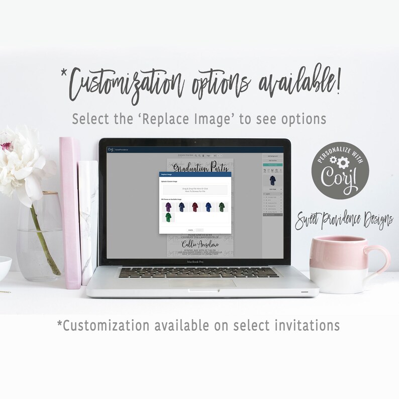 May include: A laptop screen displaying a graduation party invitation template with customization options. The template features a green, red, and blue color scheme and the text "Graduation Party" and "Callie Anselmo". The screen also shows a button labeled "Replace Image".