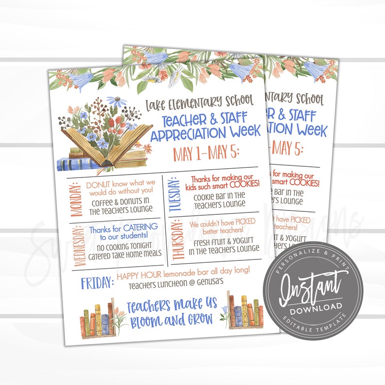 Op de afbeelding: Twee afdrukbare flyers voor de lerarenwaarderingweek. De flyers hebben een bloemenontwerp met boeken en de tekst "Teacher & Staff Appreciation Week May 1-May 5". De flyers vermelden dagelijkse evenementen.