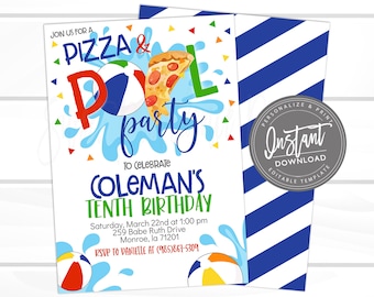 May include: A blue and white striped background with a white card featuring a pizza and pool party invitation for Coleman's tenth birthday. The invitation includes the date, time, and address of the party. It also includes a phone number to RSVP.