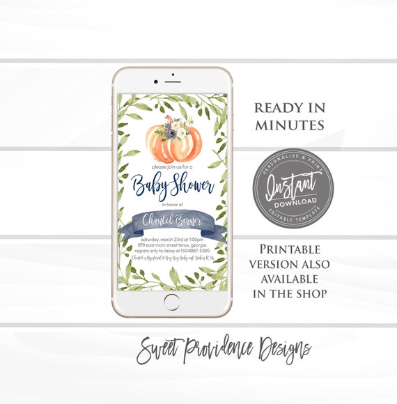 Boy Pumpkin Baby Shower Invitation, Baby Boy Invitation, Fall Shower, Greenery, Blue Floral, Pumpkin Shower, EDITABLE, Instant Download Il_570xn