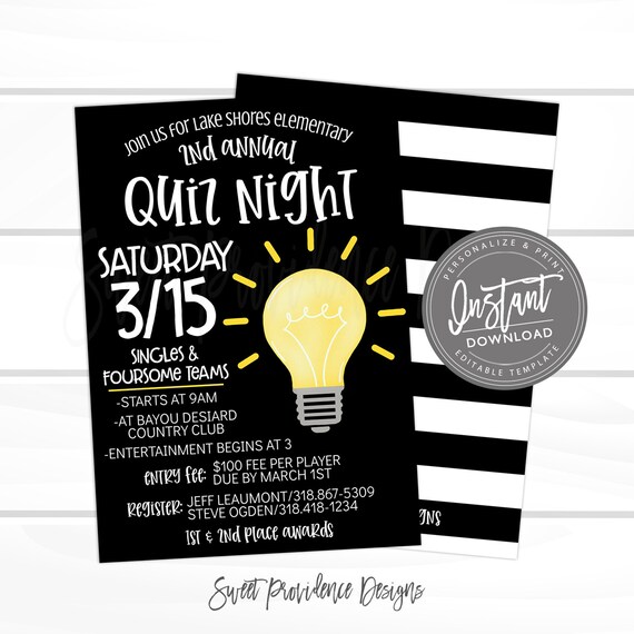 Quiz Bowl Invitation, School Quiz Night, Quiz Bowl Flyer, Editable PTO