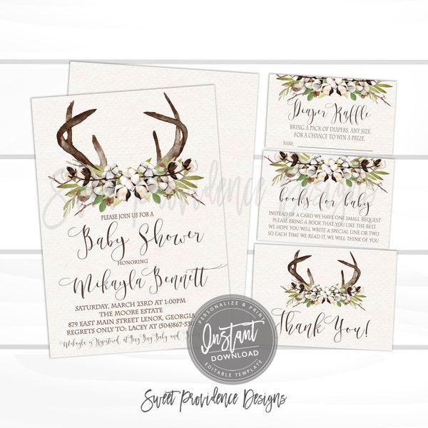 Rustic Baby Shower invitation Kit, Fall Cotton Boll Antlers Invite, Gender Neutral, DIY Editable Invitation template, Instant Access