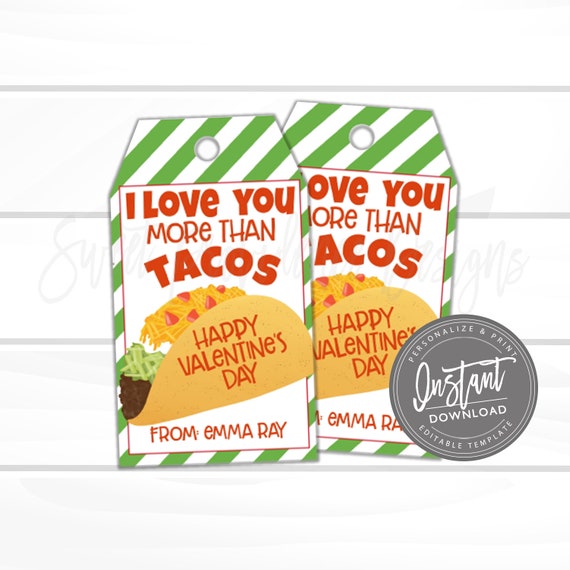 Valentine Favor Tag, Printable Love You More Than Tacos Party Tags, Valentine Party, Editable Valentine Card Kids, template INSTANT ACCESS Il_570xn