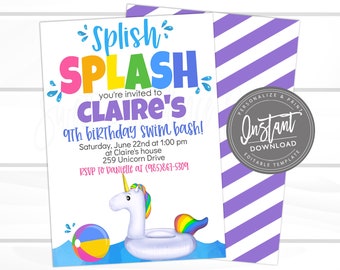 Birthday Pool Party Invitations, Editable Girl Unicorn Rainbow Birthday invite template, Birthday Party Supplies, Instant Access- Edit NOW