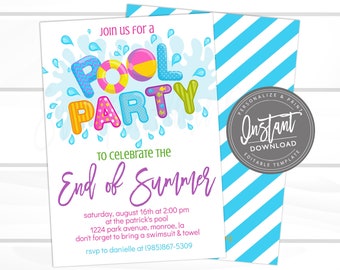 End of Summer Pool Party Invitation, Back to School Pool Party Invite, Pool Invitation, Editable Birthday Invite, Instant Access,EDIT NOW