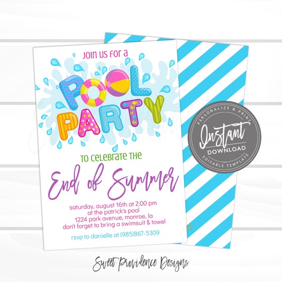 End of Summer Pool Party Invitation, Back to School Pool Party Invite, Pool Invitation, Editable Birthday Invite, Instant Access,EDIT NOW Il_570xn