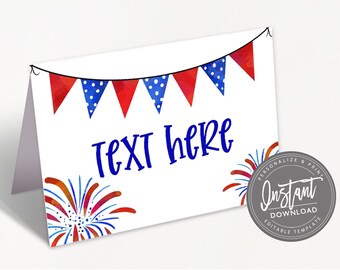 May include: A folded white card featuring a string of red and blue polka-dot bunting across the top, blue text reading "TEXT HERE" in the center, and red and blue firework illustrations at the bottom corners with a circular badge stating "INSTANT DOWNLOAD".