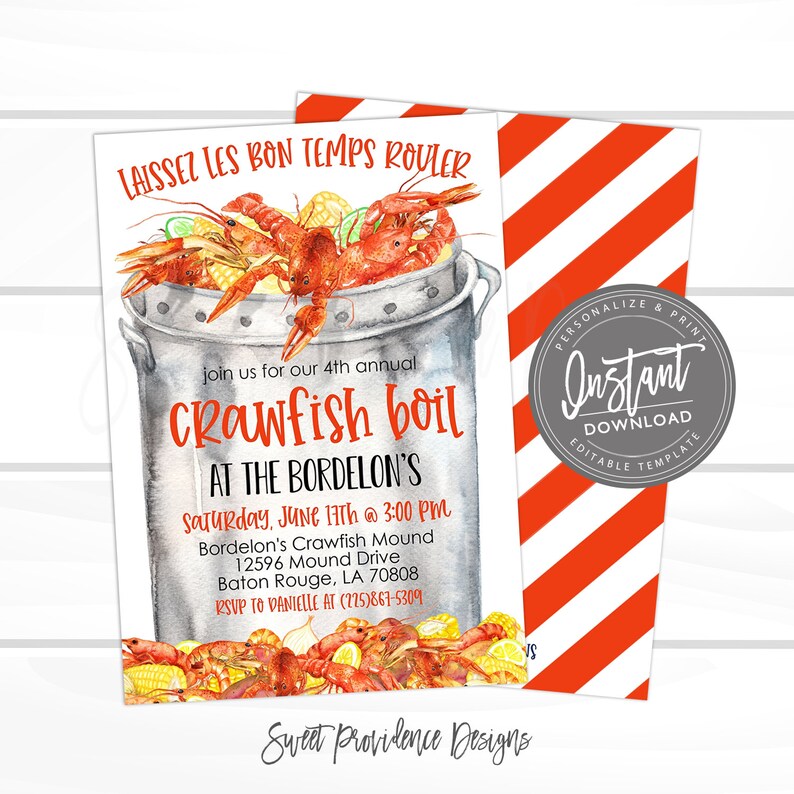 Puede incluir: Una invitaci&oacute;n a un &laquo;&nbsp;crawfish boil&nbsp;&raquo; en Bordelon's Crawfish Mound en Baton Rouge, Luisiana. La invitaci&oacute;n presenta una ilustraci&oacute;n de acuarela de una olla de cangrejos de r&iacute;o con ma&iacute;z, limones y especias. El texto dice &laquo;&nbsp;Laissez les bon temps rouler&nbsp;&raquo; y &laquo;&nbsp;Join us for our 4th annual Crawfish Boil at the Bordelon's&nbsp;&raquo;.