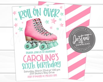以下が含まれることがあります： ピンクとターコイズブルーのローラースケートの誕生日招待状で、「Roll on Over」と「Caroline's Sixth Birthday」の文字が書かれています。招待状には、パーティーの日時と場所、RSVP番号が記載されています。