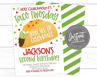 Taco Twosday Invitation, Taco Twos-day Birthday Invite, Taco Party, Printable Second Birthday, Editable Fiesta Template, Instant Access