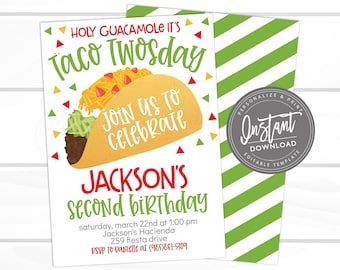 Taco Twosday Invitation, Taco Twos-day Birthday Invite, Taco Party, Printable Second Birthday, Editable Fiesta Template, Instant Access