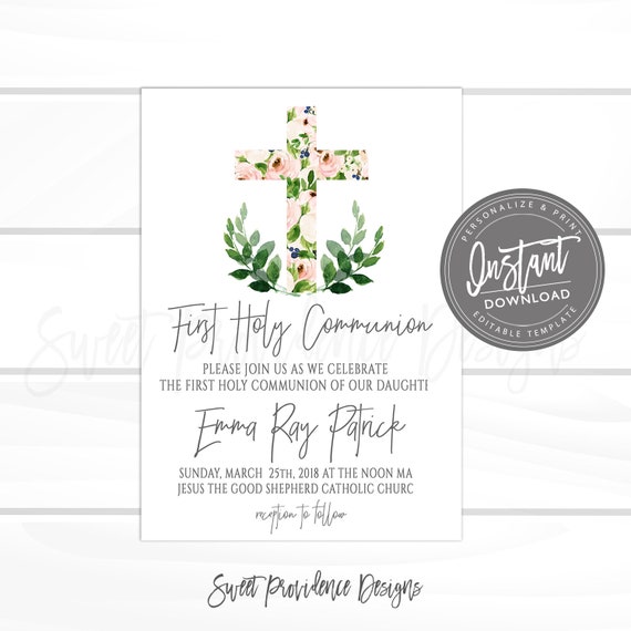 First Communion Invitation, EDITABLE 1st Holy Communion Party Invitation, PRINTABLE Floral Girl Religious Invite, Instant Access, Il_570xn