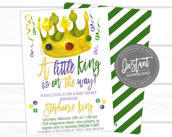 Mardi Gras Baby Shower Invitation, Editable Baby Shower template, King Boy baby shower invite, Fat Tuesday baby,  Instant Access