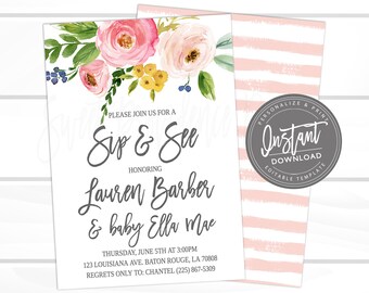 Sip & See Invitation, Watercolor Pink Floral Girl Baby Shower invitation, Boho, Editable Invite template, Printable Instant Access