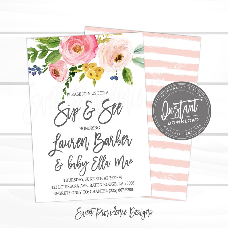 Puede incluir: Un dise&ntilde;o floral rosa y blanco con hojas verdes y bayas azules. El texto dice "Por favor, &uacute;nase a nosotros para un Sip & See en honor a Lauren Barber & baby Ella Mae. Jueves, 5 de junio a las 3:00 pm. 123 Louisiana Ave. Baton Rouge, LA 70808. Avise solo de su ausencia a: Chantel (225) 867-5309. Sweet Providence Designs."