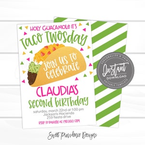 Taco Twosday Invitation, Taco Twos-day Birthday Invite, Girl Taco Party, Printable Second Birthday, Editable Fiesta Template, Instant Access bild 1