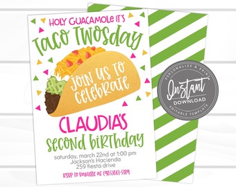 Taco Twosday Invitation, Taco Twos-day Birthday Invite, Girl Taco Party, Printable Second Birthday, Editable Fiesta Template, Instant Access