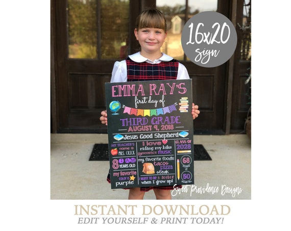Back to School Chalkboard, First Day of School Sign, ANY GRADE, Back to School, 1st Day Printable Sign, EDITABLE, Instant Download Il_570xn