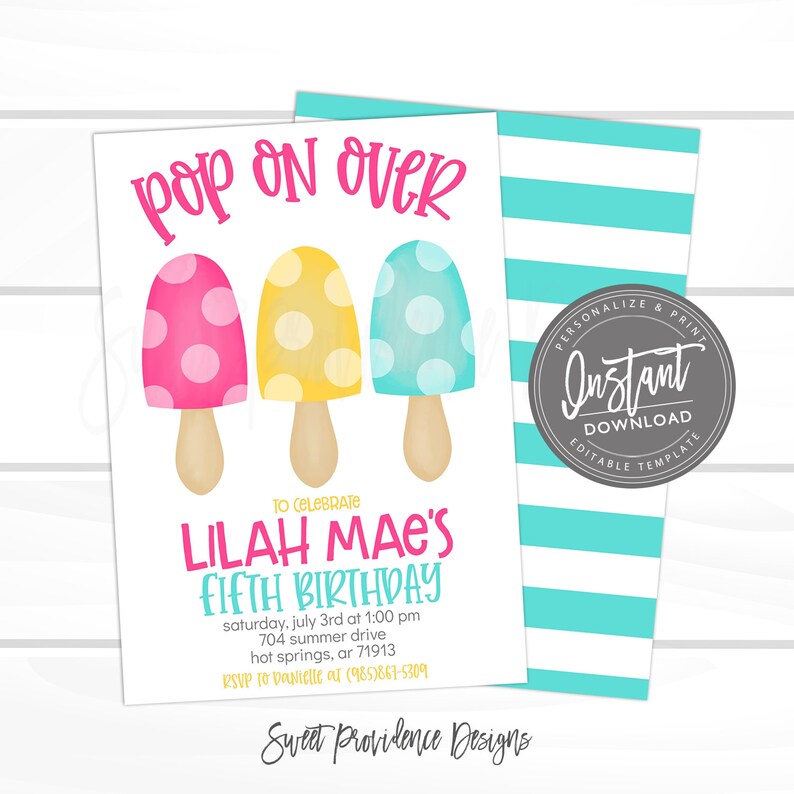 Puede incluir: Una invitaci&oacute;n imprimible para una fiesta de cumplea&ntilde;os de quinto a&ntilde;o. La invitaci&oacute;n presenta un dise&ntilde;o colorido con hongos en forma de paleta de helado y el texto "Pop on Over" y "Lilah Mae's Fifth Birthday".