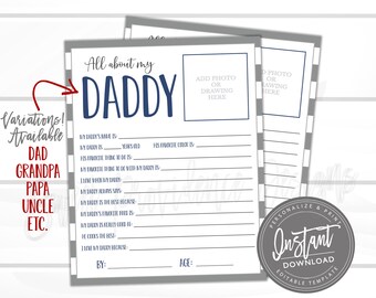 Peut inclure: Une feuille de travail imprimable intitulée "Tout sur mon papa" avec un espace pour ajouter une photo ou un dessin. La feuille de travail comprend des invites pour que les enfants remplissent des informations sur leur père, comme sa couleur préférée, sa chose préférée à faire et ce qu'il dit toujours.