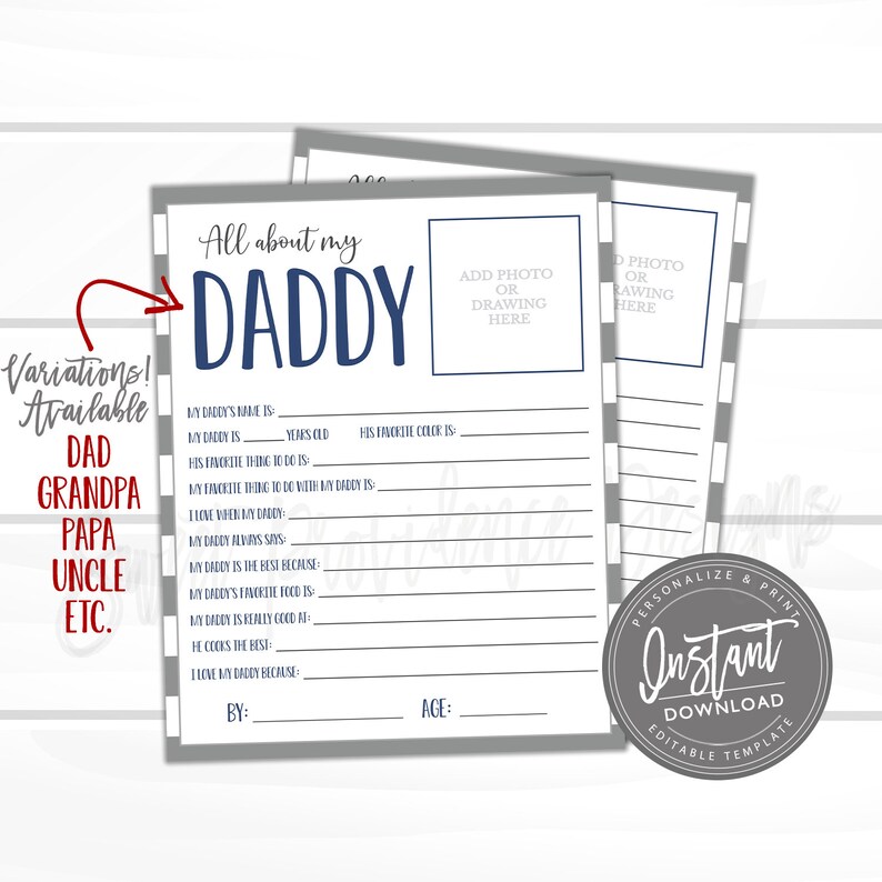 EDITABLE Fathers day questionnaire, All about Daddy, Survey questions for kids, Fathers Day Survey, Father's Day Gift, Father's Day Present image 1