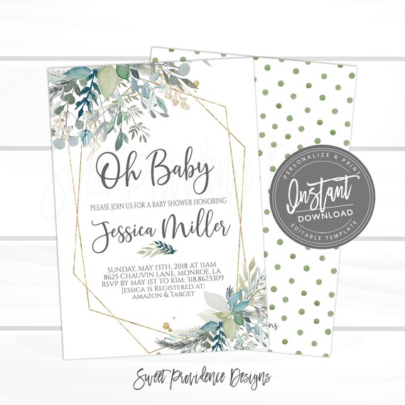 Boy Shower Invitation Kit, Greenery Wreath Baby Shower, Botanical Foliage, Blue Floral Invitation Kit, EDITABLE Invite, Instant Access Il_570xn