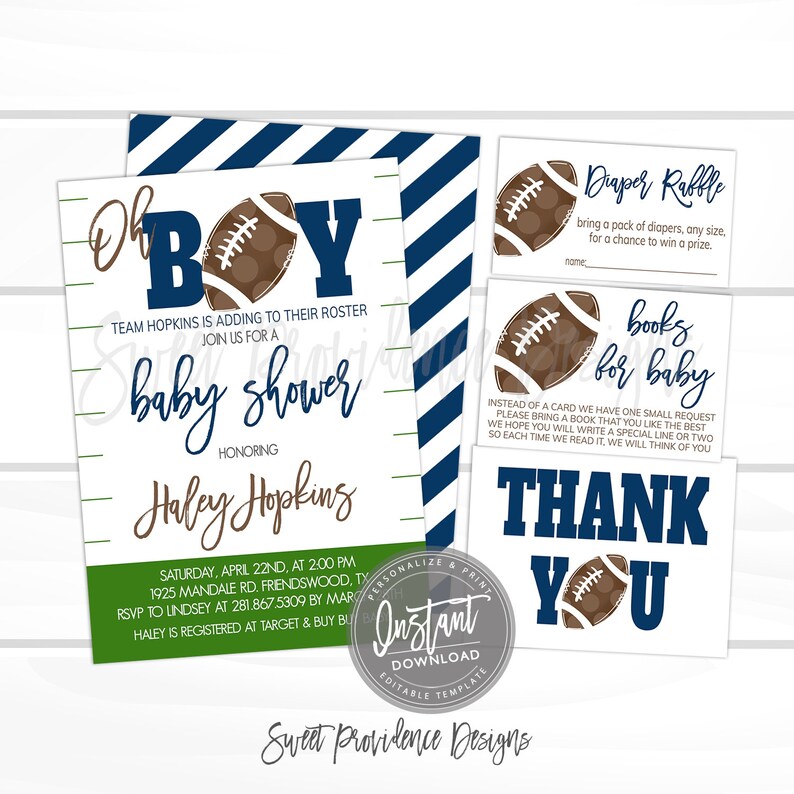 May include: Baby shower invitation set with a football theme. The invitation features the word "BOY" with a football graphic, along with details for the event. Includes cards for diaper raffle and books for baby, plus a thank you card.