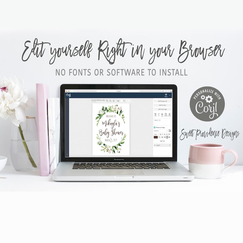 Puede incluir: Un ordenador port&aacute;til que muestra una maqueta de una invitaci&oacute;n de baby shower con una corona verde y el texto "Bienvenido a la fiesta de Mikayla March 21, 2017". El texto "PERSONALIZAR CON Coril Sweet Providence Designs" es visible en la esquina superior derecha de la imagen.