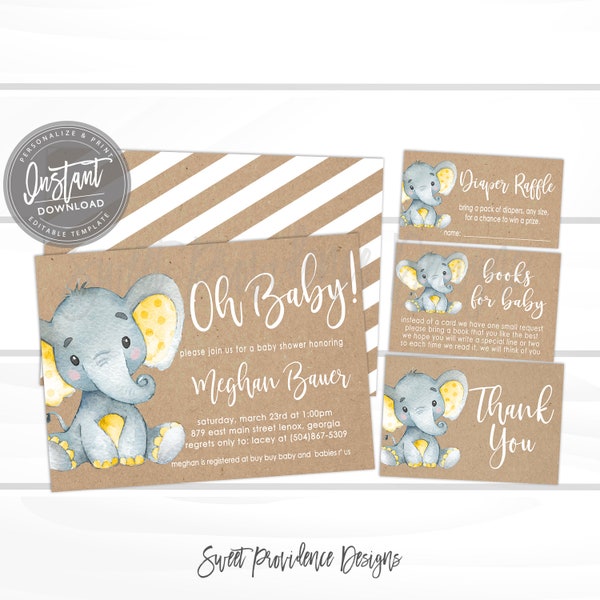 Elephant Baby Shower Invitation Kit, Yellow Safari Elephant Invitation, Editable invitation, Grey Baby Elephant Invitation, Instant Access