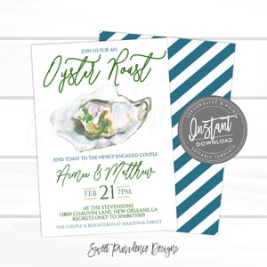 May include: An invitation to an oyster roast for a couple named Aimee and Matthew. The invitation features a watercolour illustration of an oyster on a white background with green and blue accents. The text is in a green font and includes the date, time, and location of the event. The invitation also includes the couple's registry information.
