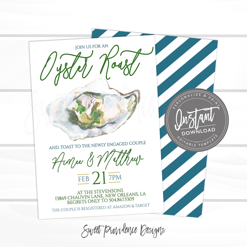 May include: An invitation to an oyster roast for a couple named Aimee and Matthew. The invitation features a watercolour illustration of an oyster on a white background with green and blue accents. The text is in a green font and includes the date, time, and location of the event. The invitation also includes the couple's registry information.