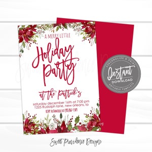 Pu&ograve; includere: Un biglietto d'invito bianco con testo rosso e decorazioni floreali, con le parole "A Merry Little Holiday Party" e i dettagli dell'evento. Una busta rossa &egrave; visibile dietro il biglietto. L'invito include il testo "Instant Download".