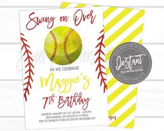 Softball Birthday Party Invitation, Swing on Over, Editable Softball team, Girl Sports Birthday Invite, Printable Instant Access EDIT NOW