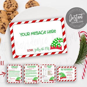 May include: A Christmas-themed printable template with a red and white striped border. The card reads "YOUR MESSAGE HERE" and "Love, Jolly the Elf." Additional cards and cookies are also visible.