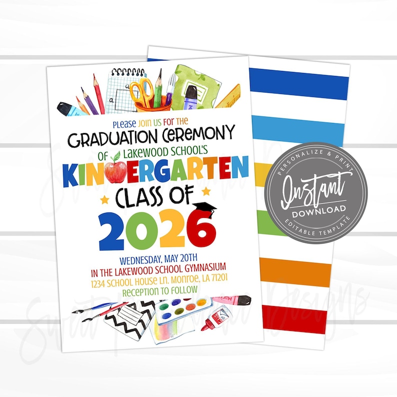 Kindergarten Graduation Party Invitation, Grad Party invite, class of 2026, Editable Announcement Invitation, Decor Printable Instant Access image 1