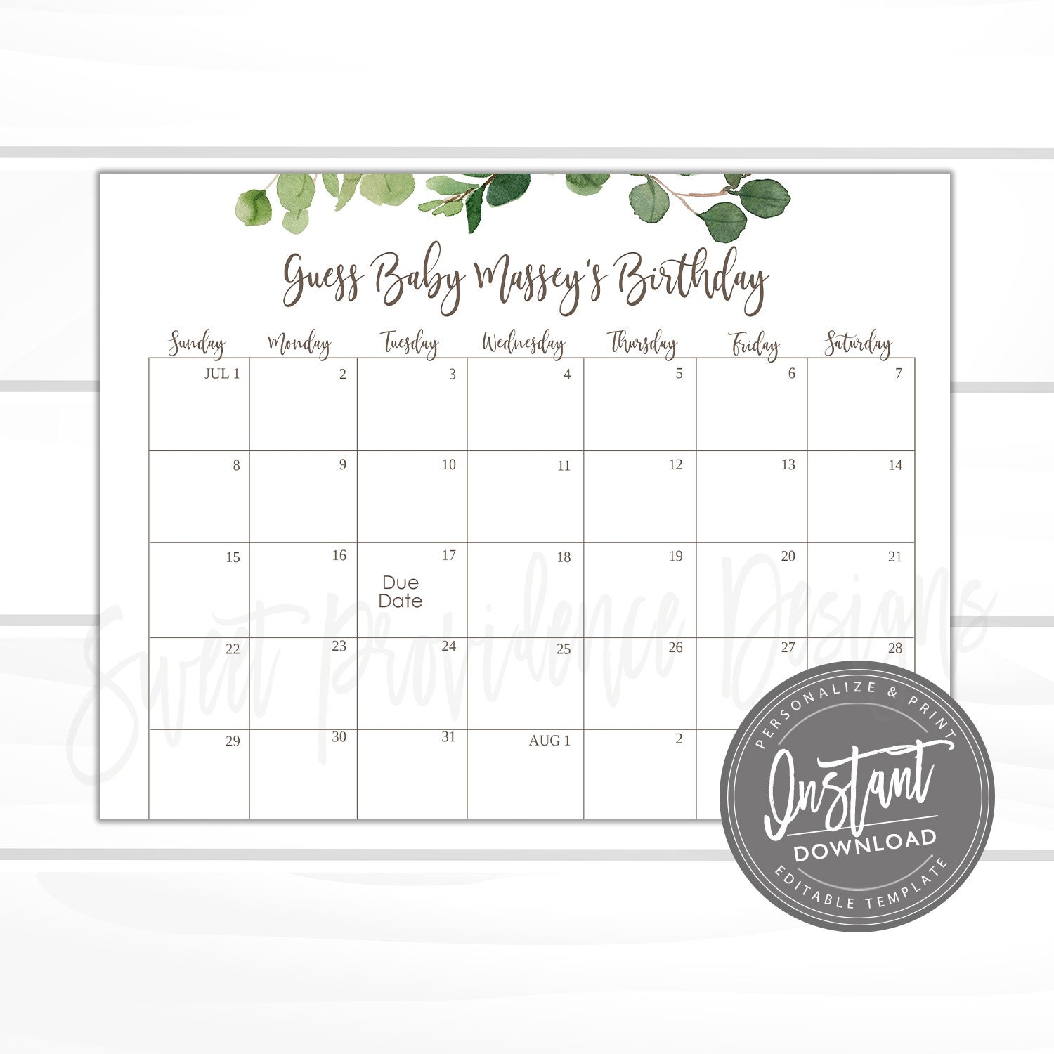 Baby Shower Due Date Calendar Game Printable Greenery Guess - Etsy