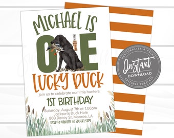 One Lucy Duck, Hunting Birthday Invitation, Duck Dog, Boy Hunting Invitation, Editable Birthday invite, Outdoors Invitation, Instant Access