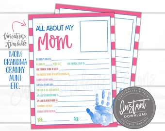 EDITABLE Mother's Day Questionnaire, All about Mom, Survey Questions for Kids, Mothers Day Survey, Mother's Day Gift, Grandma Present