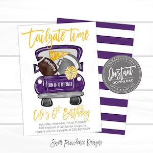 May include: A birthday invitation card featuring a purple truck illustration carrying a football, a yellow #1 Team pennant, and a pom-pom. The text reads Tailgate time, Join us to celebrate, Cole's 6th Birthday, and event details. A purple and white striped card is behind it.