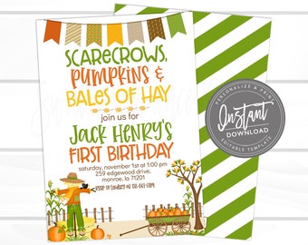 Fall First Birthday Invite, Scarecrow Birthday Invitation, Scarecrows Pumpkins and Bales of Hay, Editable birthday template Instant Download