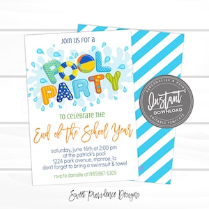 End of School Pool Party Invitation, Summer Pool Party Invite, Pool Invitation, Editable Birthday Invitation, Instant Access- EDIT NOW