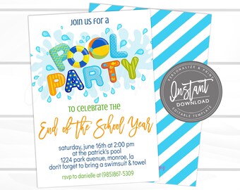 Peut inclure: Une invitation à une fête à la piscine pour célébrer la fin de l'année scolaire. L'invitation présente une illustration colorée du mot "POOL PARTY" avec des éclaboussures d'eau et un fond à rayures bleues et blanches. Le texte indique "Rejoignez-nous pour une POOL PARTY pour célébrer la fin de l'année scolaire. Samedi 16 juin à 14h00 à la piscine Patrick's, 1224 Park Avenue, Monroe, LA. N'oubliez pas d'apporter un maillot de bain et une serviette. RSVP à Danielle au (985)867-5309. Sweet Providence Designs."