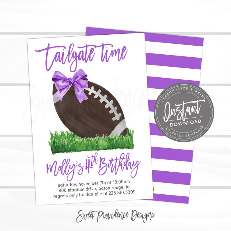 May include: A white invitation featuring a brown American football with a purple bow, on green grass. The text "Tailgate time" and "Molly's 11th Birthday" are in purple script. Includes "Instant Download" text.