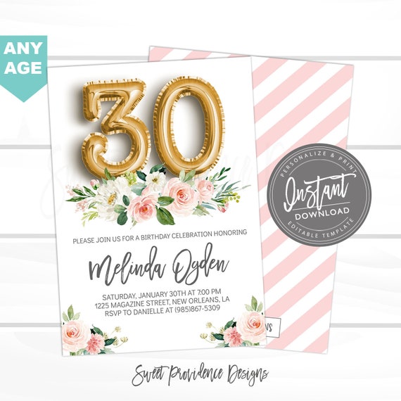 30th birthday Invitation, Editable 30th Birthday Invitation, Floral ...