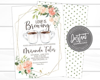 Bridal Tea Invitation, Bridal Shower Invite, Editable Peach Boho Bridal Shower, Love is brewing Coffee Invite, Printable Instant Access