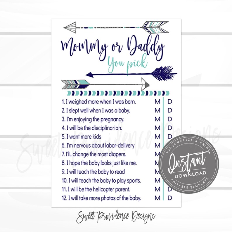 Baby Shower Mommy Or Daddy Game Card Tribal Baby Shower Game Etsy